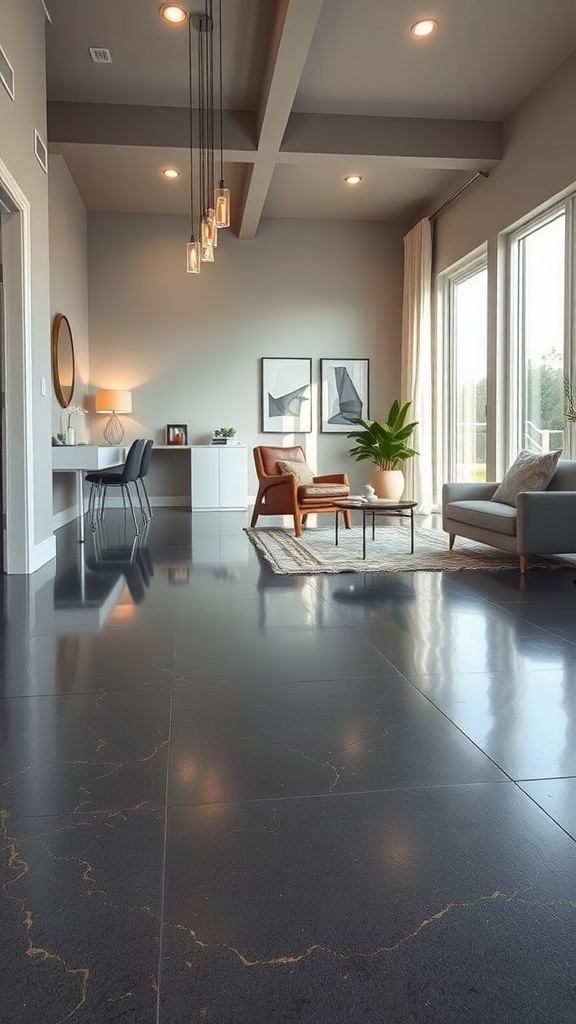 A modern living room featuring a sleek metallic epoxy floor with grey tones and gold veining.