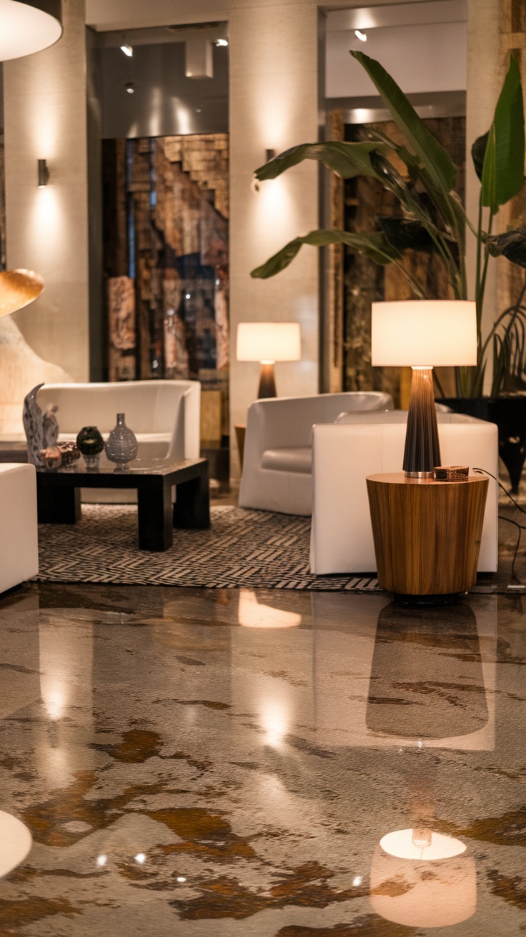 A stylish interior with marble effect epoxy flake flooring, featuring white chairs, a wooden table, and elegant lamps.