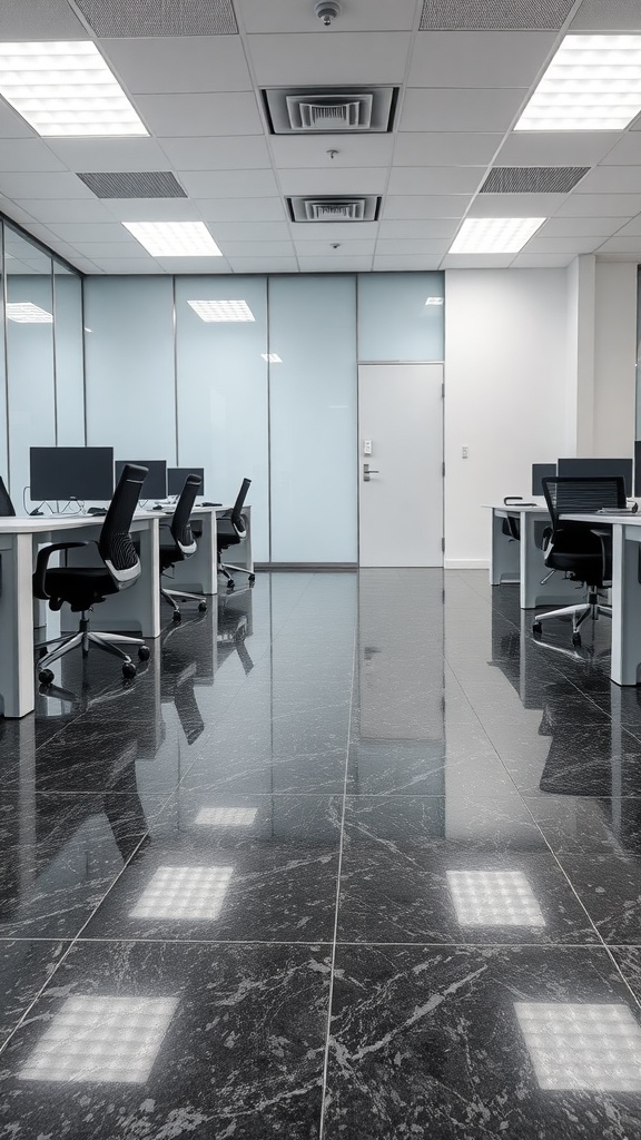 Modern office interior with epoxy flooring and sleek desks
