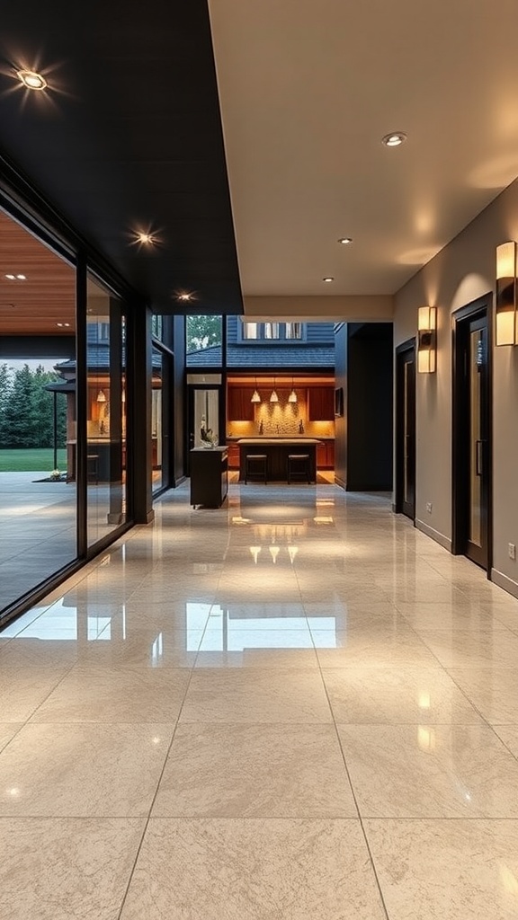 Sophisticated outdoor space with modern epoxy flooring and architectural lighting.