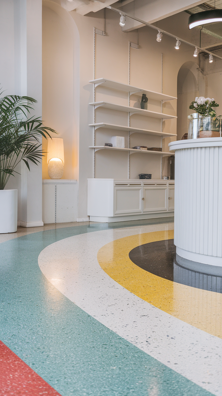 Sophisticated terrazzo epoxy floor design with colorful patterns