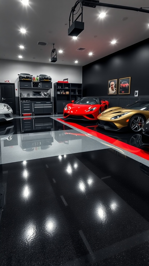 A luxurious garage with a high-gloss black epoxy floor featuring a red accent, showcasing several sports cars and sleek storage solutions.