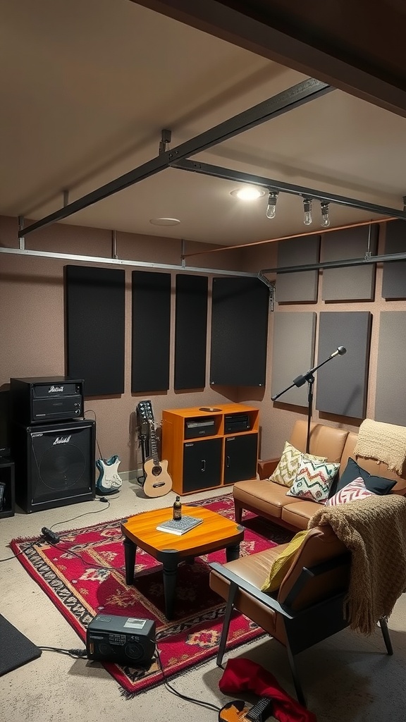 Stylish garage interior with dark epoxy floor and wood paneling