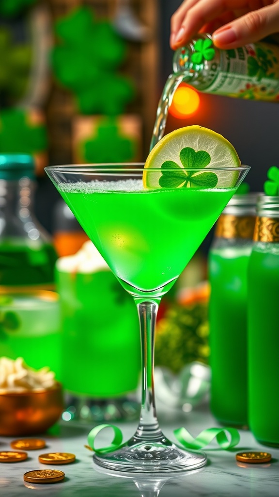 A vibrant green Sour Apple Martini garnished with an apple slice.