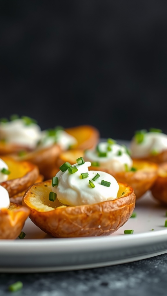 Crispy potato skins topped with sour cream and chives