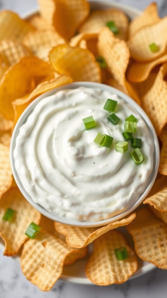 A bowl of creamy sour cream and onion dip surrounded by crispy chips.