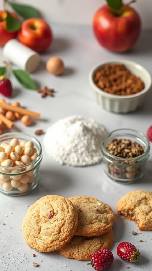 Ingredients and cookies for candy apple cookies on a countertop.