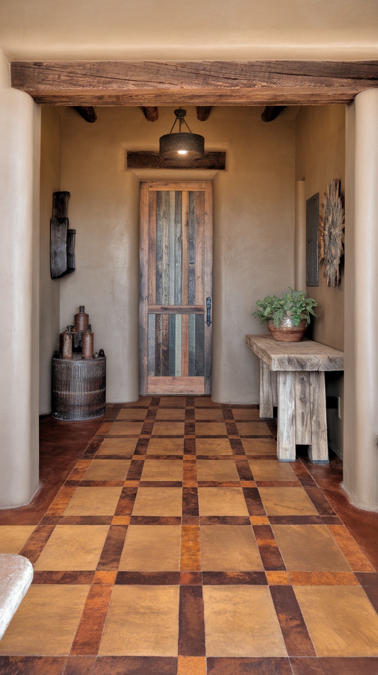 A rustic interior showcasing a unique hexagonal epoxy floor with warm tones and wooden beams.