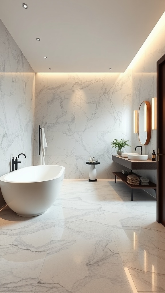 A modern bathroom featuring a freestanding bathtub, a stylish vanity, and epoxy flooring that resembles marble.