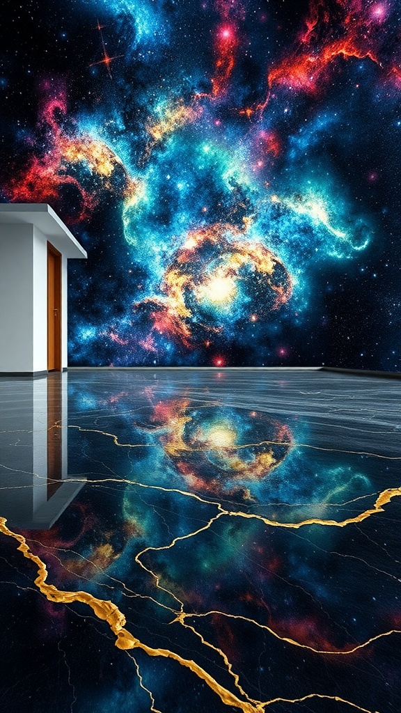 A modern room featuring a Space Galaxy epoxy finish on the floor, with swirling colors resembling a galaxy.