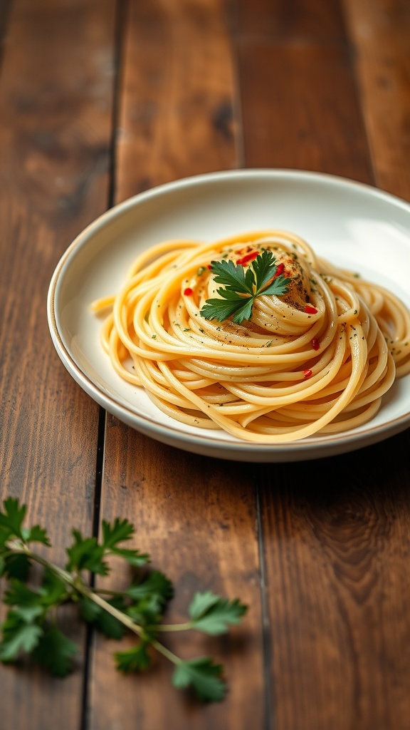 A plate of spaghetti aglio e olio garnished with parsley