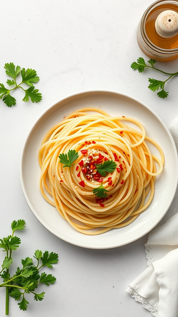 A plate of spaghetti aglio e olio garnished with herbs and chili flakes.