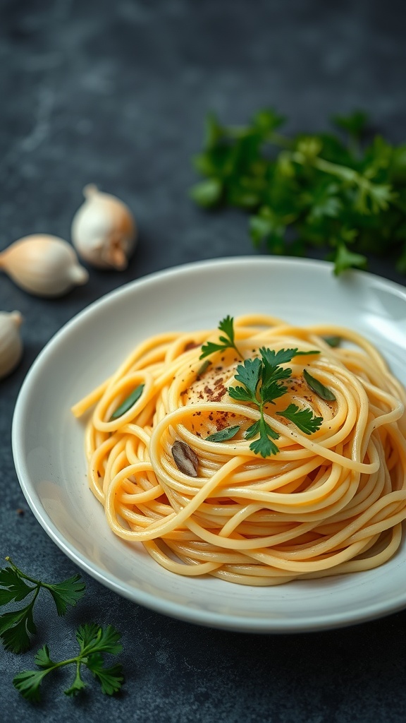 A plate of spaghetti aglio e olio topped with fresh parsley.