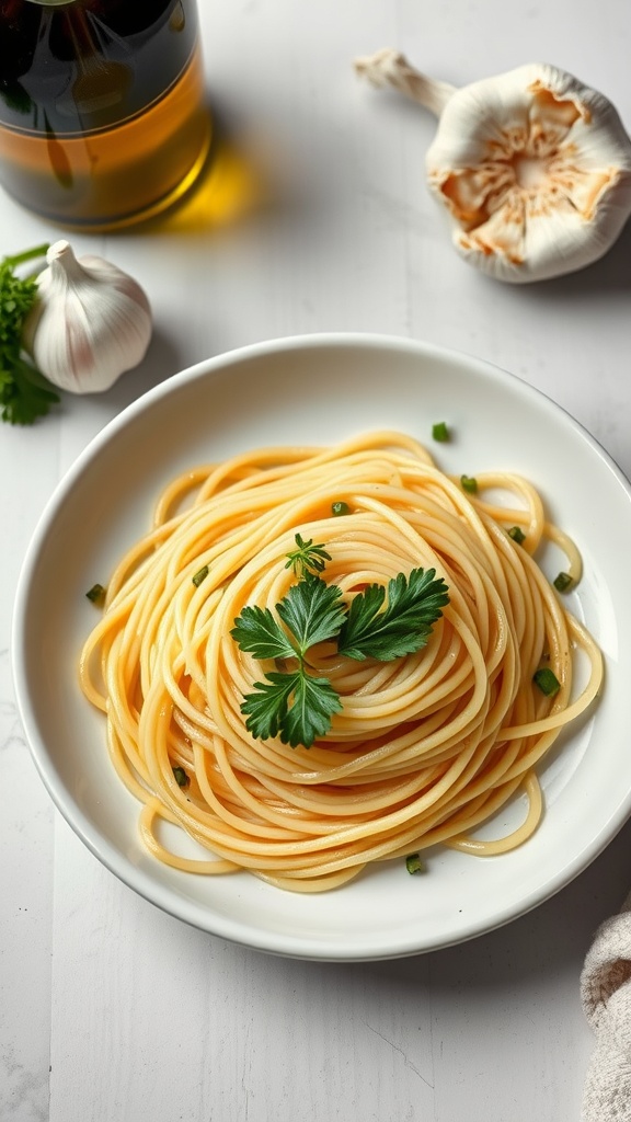 A delicious plate of spaghetti aglio e olio garnished with parsley.