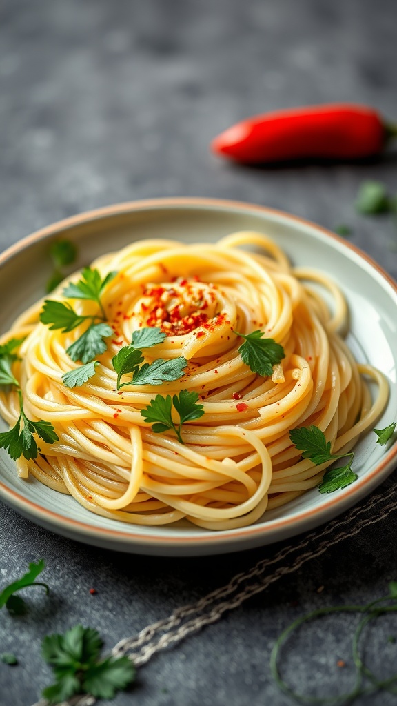 A plate of spaghetti aglio e olio garnished with parsley and chili flakes