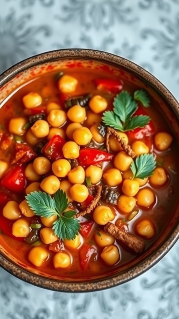 A bowl of Spanish Chickpea Stew garnished with fresh herbs, showcasing a colorful mix of chickpeas and bell peppers.