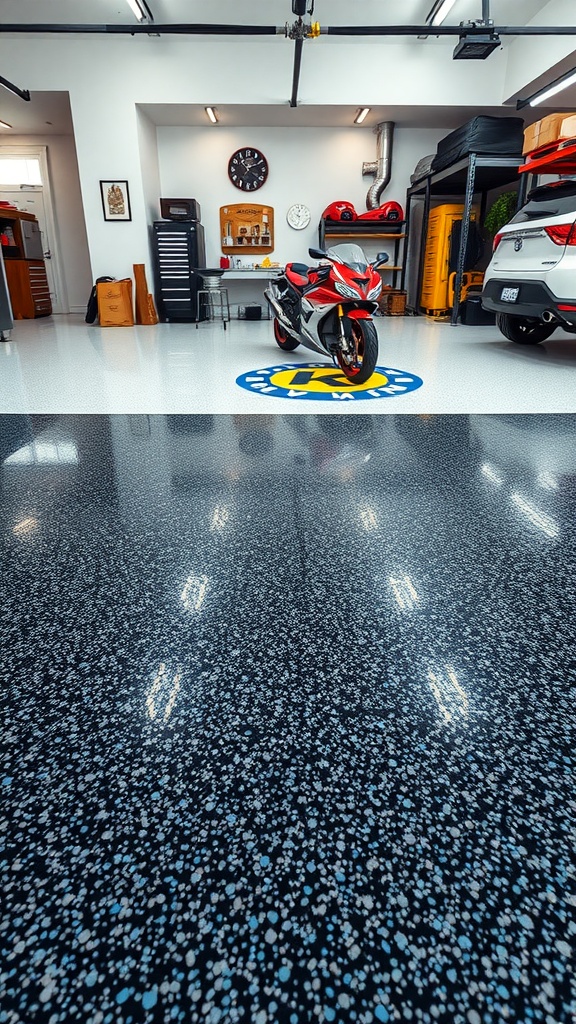 A stylish garage with a glitter epoxy floor and a motorcycle, showcasing a modern and glamorous design.