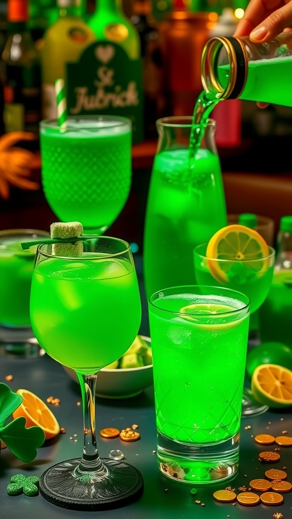 Refreshing green cocktail with citrus and mint garnishes, perfect for St. Patrick's Day.