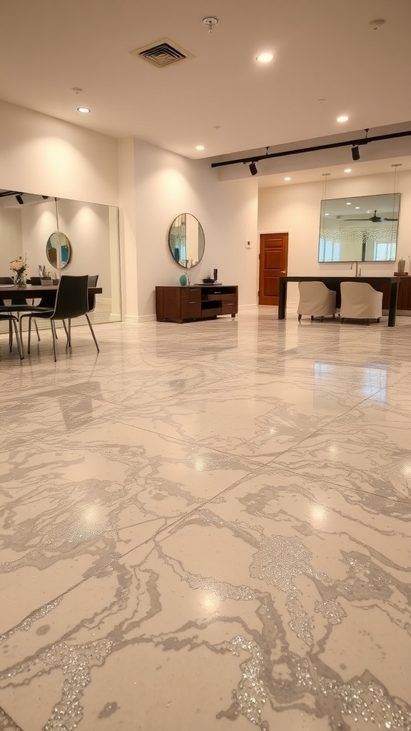 A spacious room featuring a sparkling epoxy floor with a modern design.