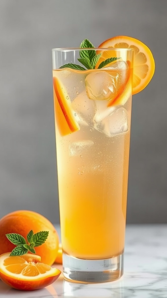 A refreshing glass of sparkling peach lemonade fizz garnished with mint and peach slices.