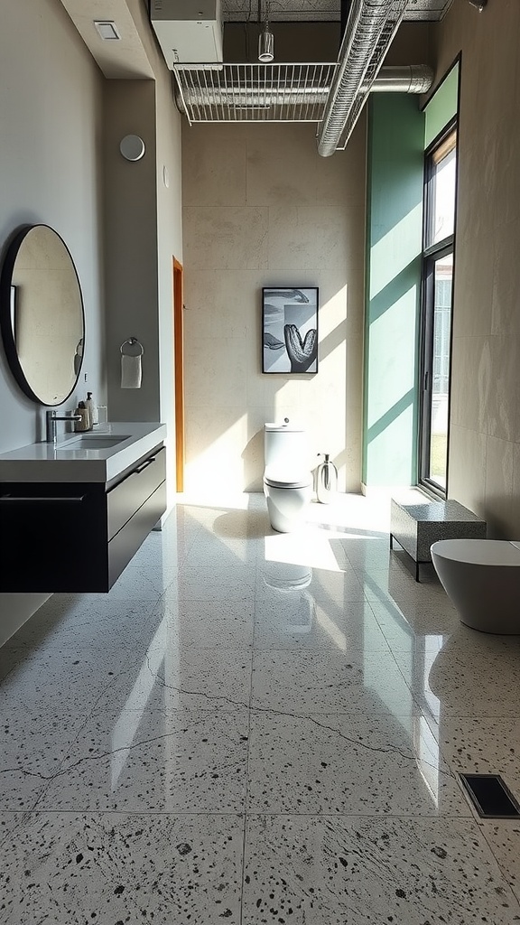 Modern bathroom with speckled concrete epoxy floor showcasing elegance and style.
