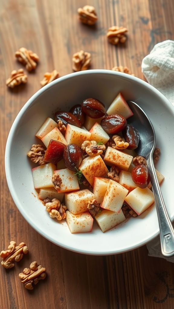 A bowl of spiced apple and date salad with walnuts.