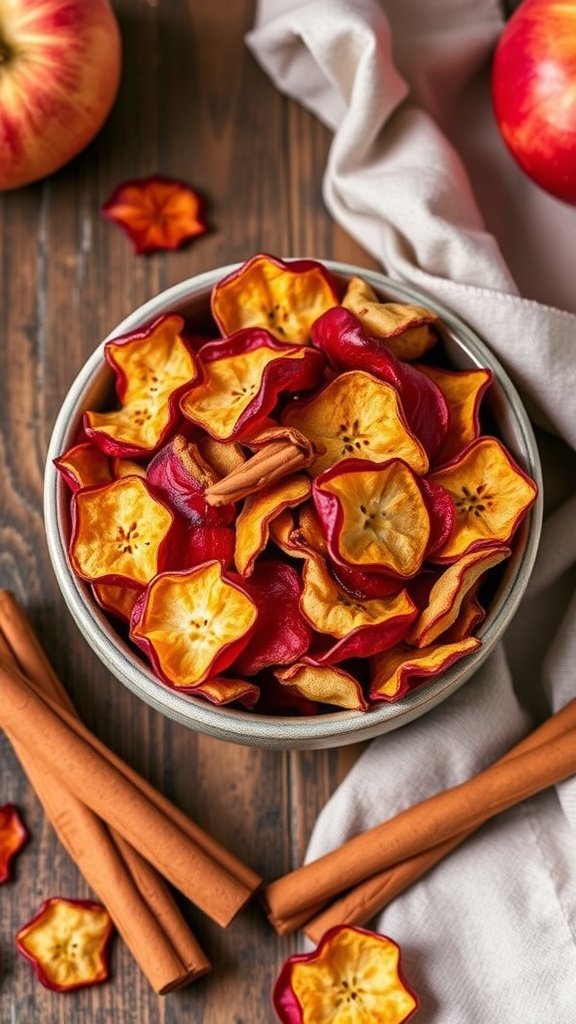 Bowl of spiced apple chips with cinnamon sticks and a fresh apple.