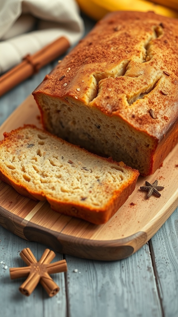A loaf of spiced banana bread with cinnamon slices on a wooden cutting board, surrounded by cinnamon sticks.