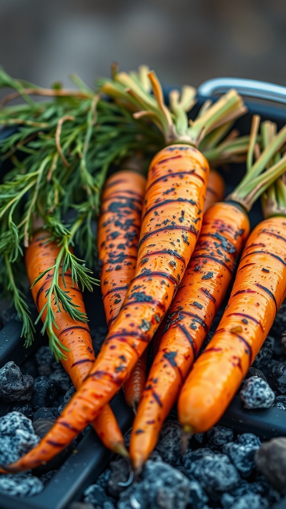 Grilled spiced carrots on a charcoal grill