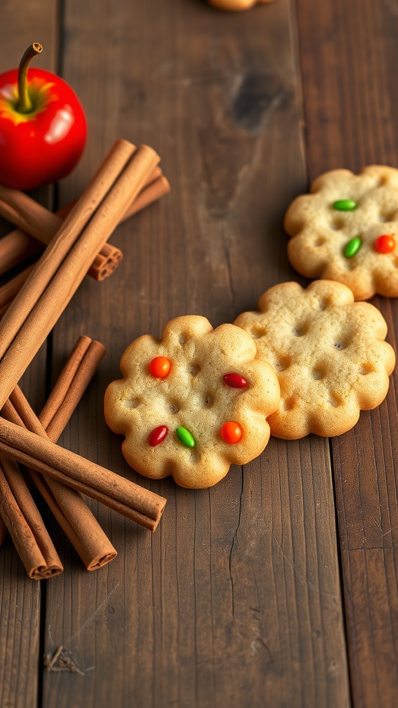 Candy apple cookies with cinnamon sticks and colorful candy pieces