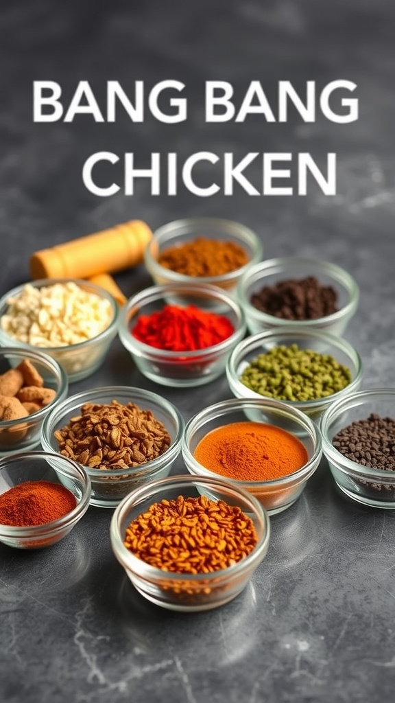A variety of spices and ingredients for Bang Bang Chicken.