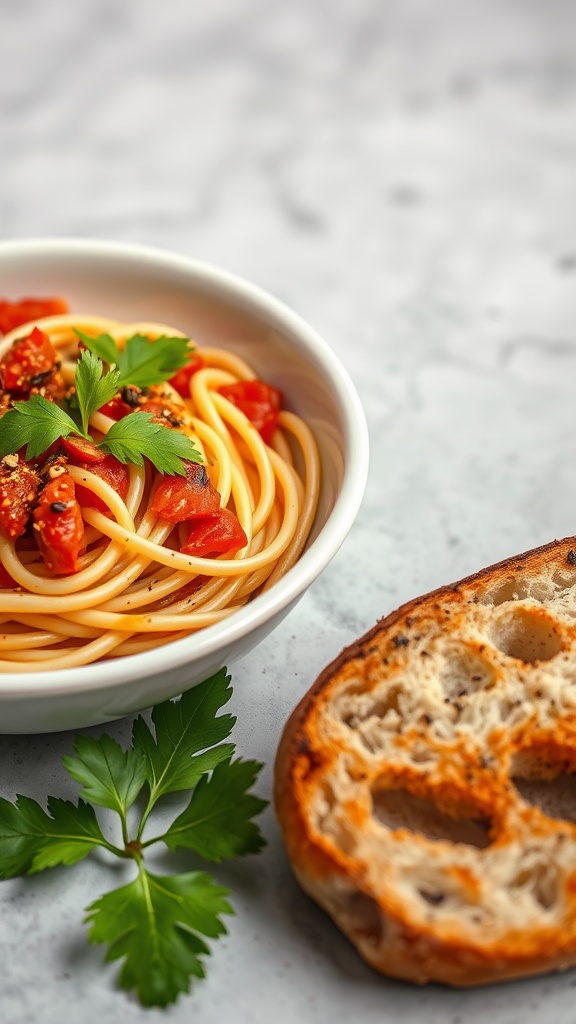 A bowl of Spicy Arrabbiata Pasta garnished with parsley and served with crusty bread.