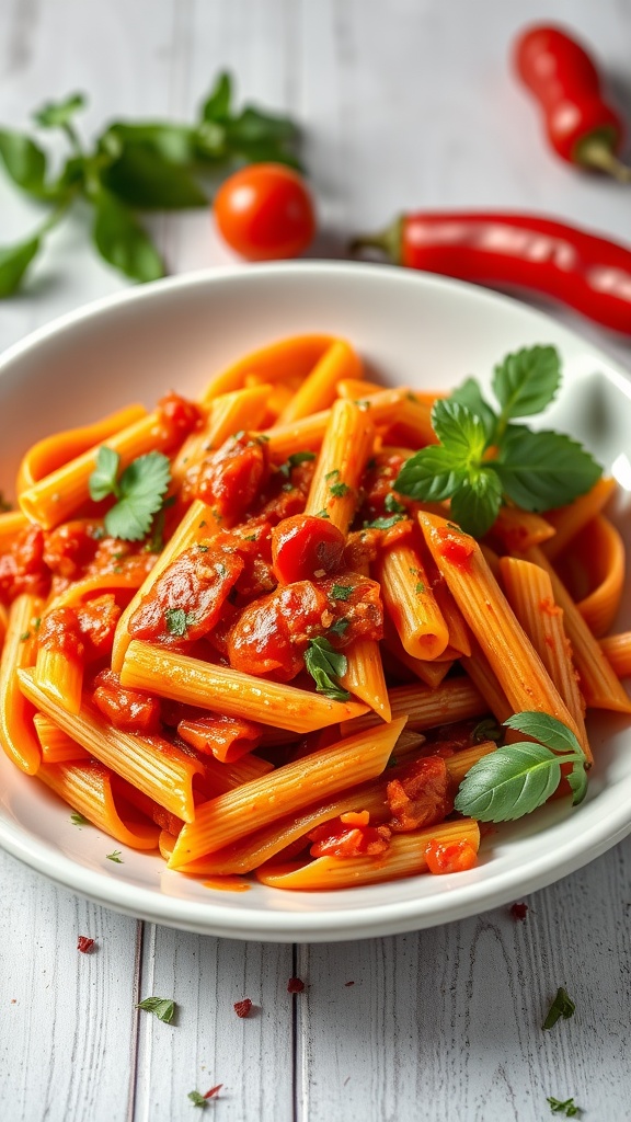 Bowl of spicy Arrabbiata penne pasta with fresh basil and chili peppers