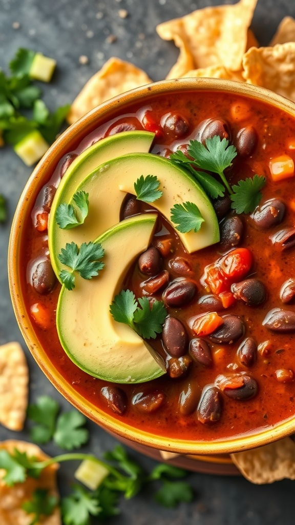 A bowl of spicy black bean soup topped with avocado slices and cilantro