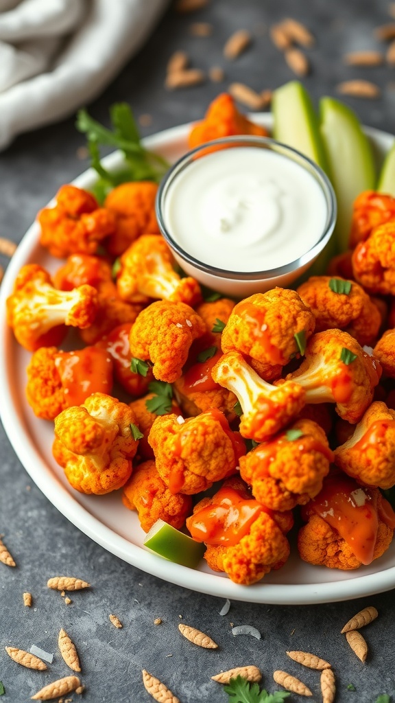 A plate of spicy buffalo cauliflower bites with a side of dipping sauce.