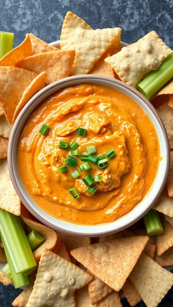 Bowl of spicy buffalo chicken dip surrounded by tortilla chips and celery sticks