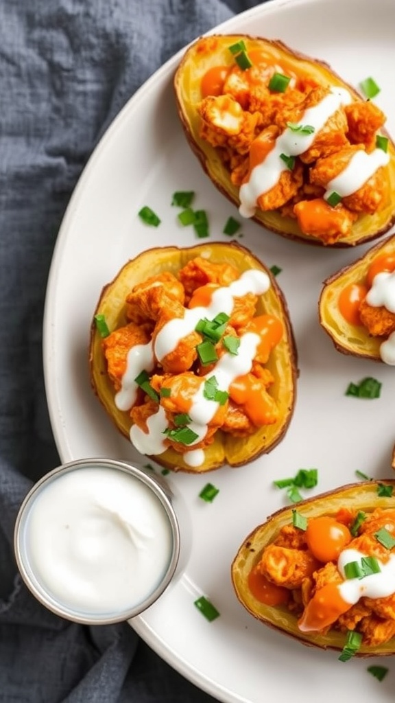 Plate of spicy buffalo chicken potato skins topped with ranch and green onions.