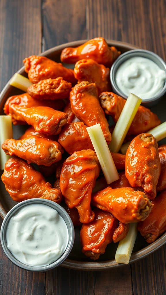 A plate of spicy buffalo chicken wings served with celery sticks and dipping sauces.