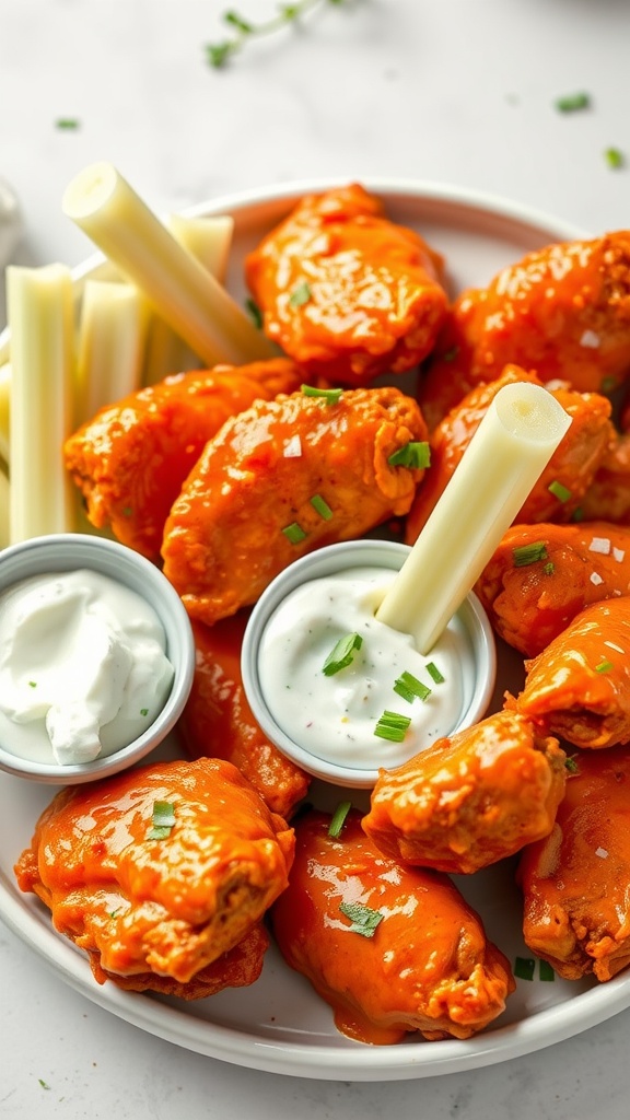 Delicious Spicy Buffalo Chicken Wings with dipping sauce and celery sticks