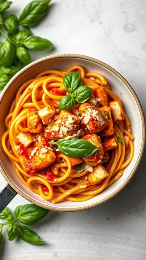 A bowl of spicy Cajun chicken pasta with basil garnish