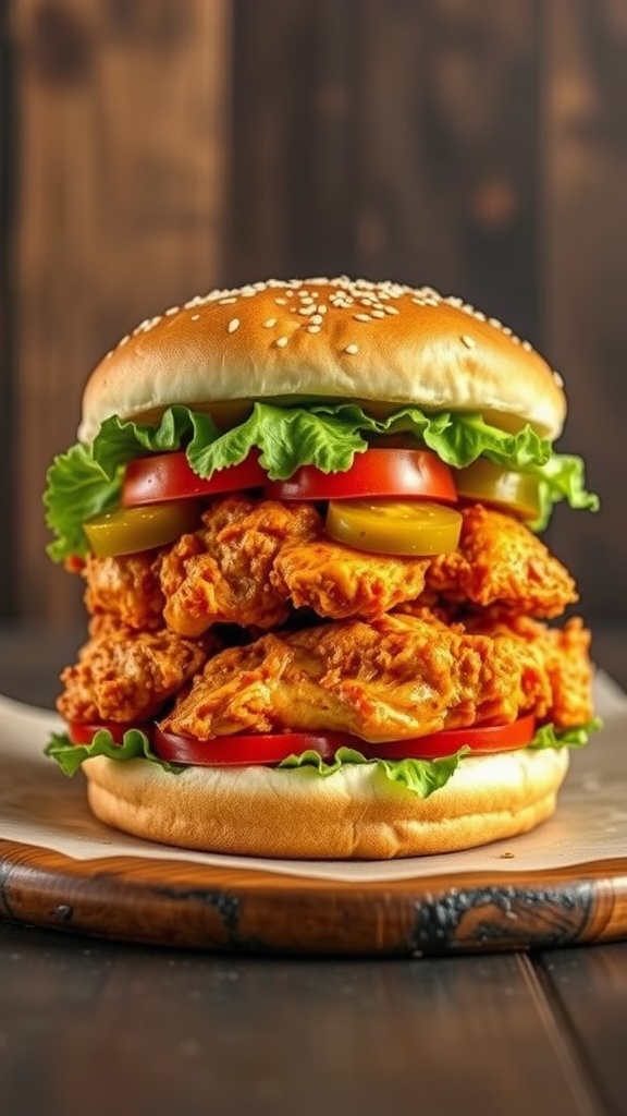 A delicious spicy chicken sandwich stacked with crispy chicken, lettuce, tomato, and pickles on a sesame seed bun.