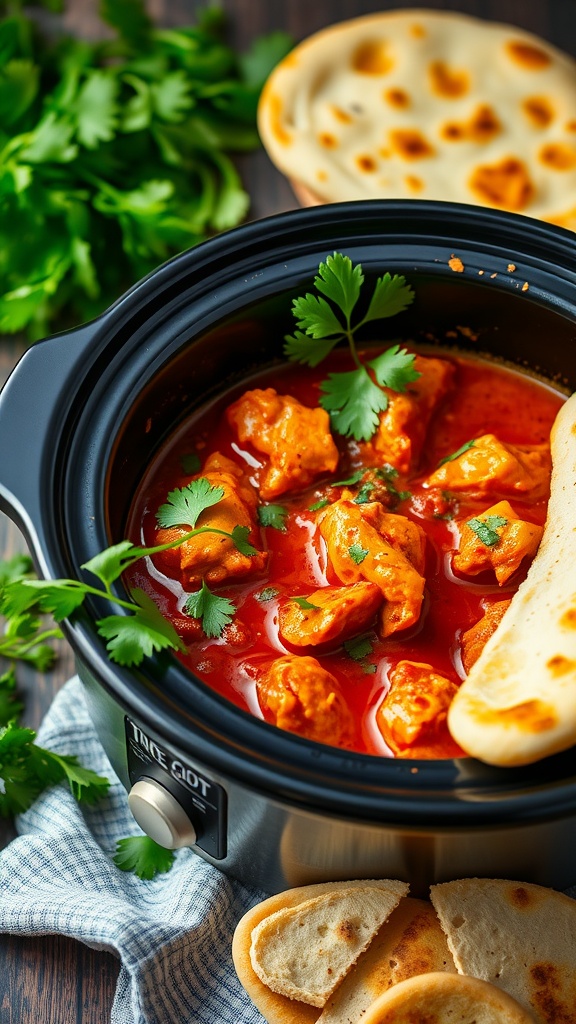A bowl of Spicy Chicken Tikka Masala with naan bread and fresh cilantro.