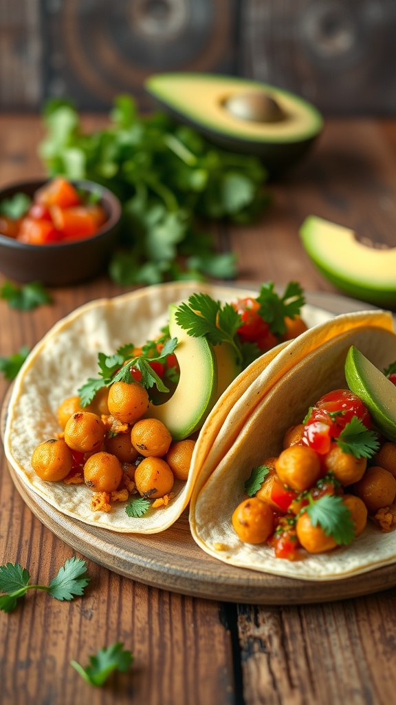 Delicious spicy chickpea tacos topped with avocado and cilantro, served on a wooden plate.