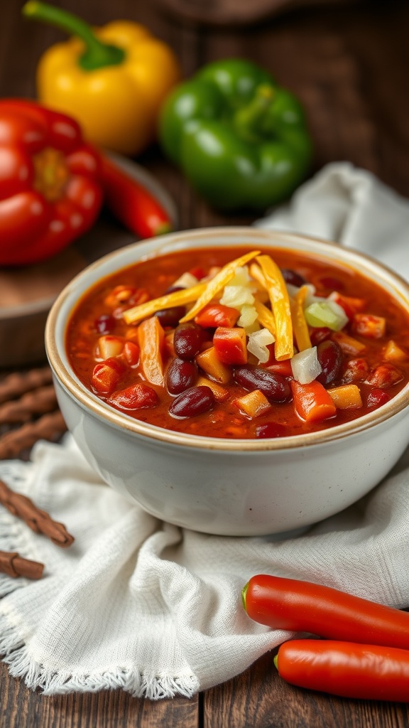 A bowl of spicy chili with beans and peppers, garnished with cheese and onions, accompanied by colorful peppers.