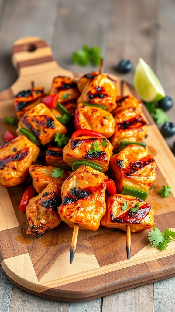 A wooden board with skewers of grilled chicken and vegetables, garnished with cilantro and lime.