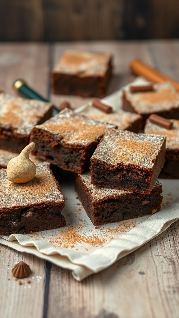 Spicy cinnamon brownies stacked on a wooden surface