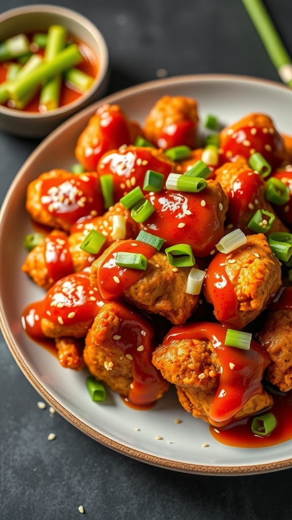 Plate of crispy Bang Bang Chicken with a spicy garlic sauce drizzle and green onions on top.