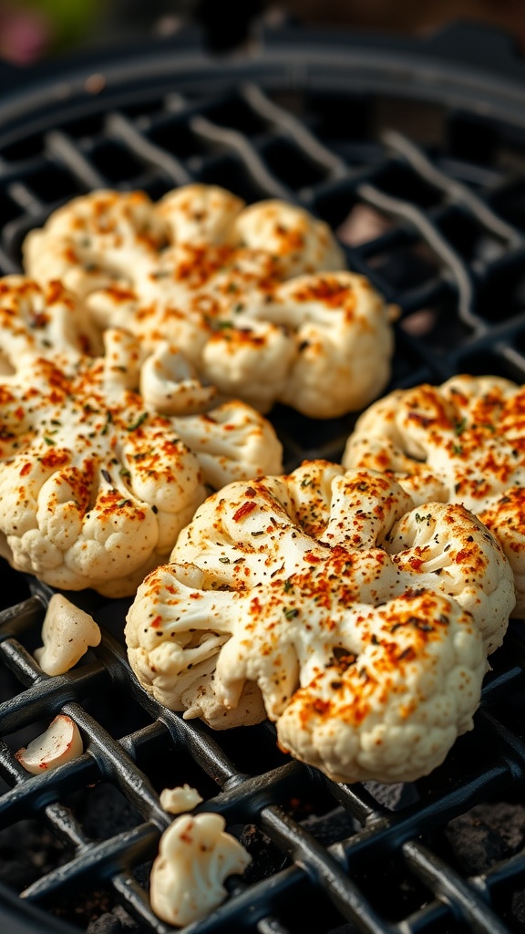 Grilled cauliflower steaks with spices on a grill