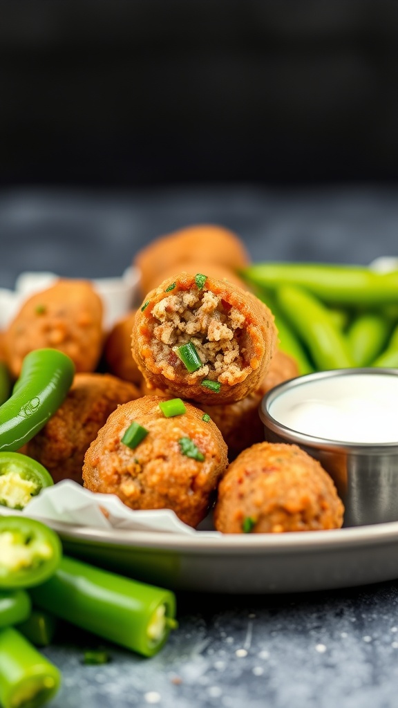 Plate of spicy jalapeño sausage balls with a side of dipping sauce