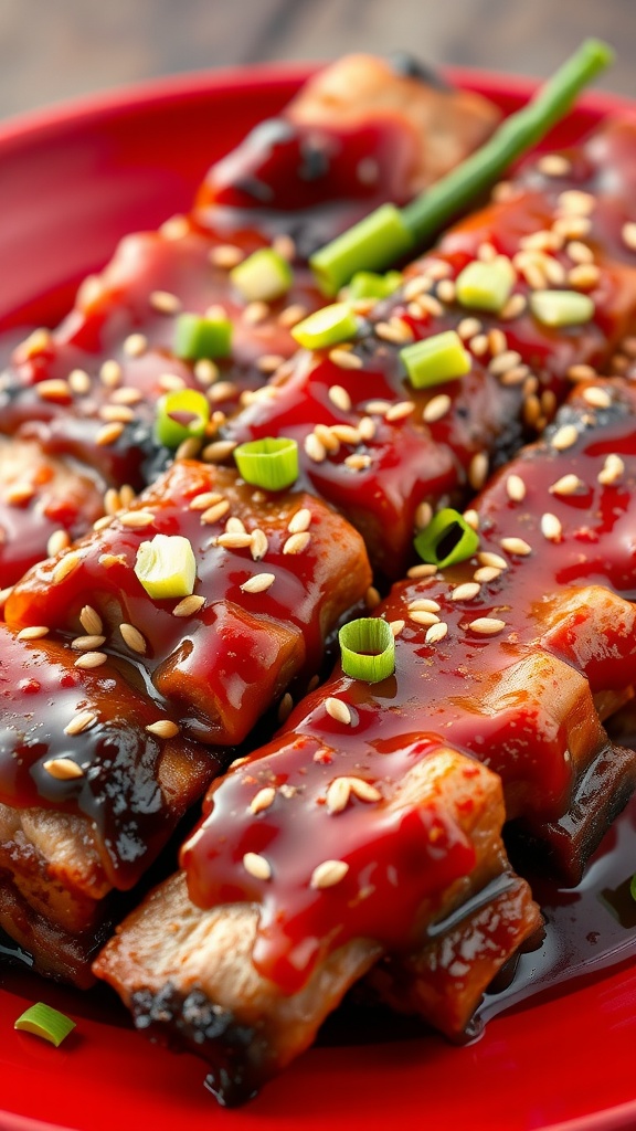 Delicious spicy Korean BBQ ribs topped with sesame seeds and green onions.